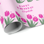 Elegant Retro Tulip Floral Pink Geburtstag Geschenkpapier (Rolleneckpunkt)