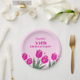 Elegant Retro Tulip Floral Pink Geburtstag Pappteller