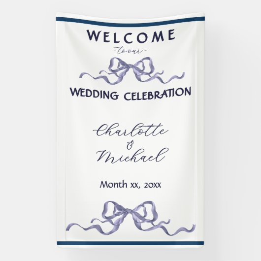 Elegant Ribbon & Bow Romantic Wedding Navy Banner (Vertikal)