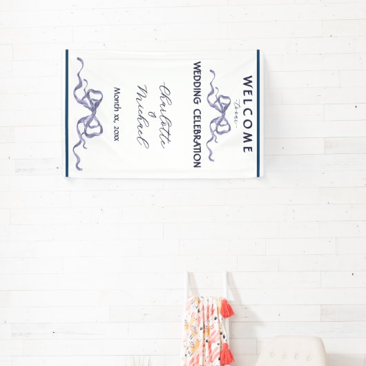 Elegant Ribbon & Bow Romantic Wedding Navy Banner (InSitu)