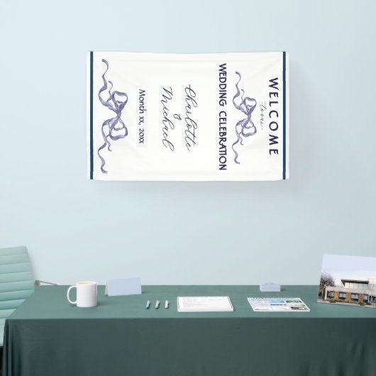 Elegant Ribbon & Bow Romantic Wedding Navy Banner (Messe)