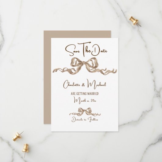 Elegant Ribbon & Bow Warm Brown Classic Wedding Save The Date (Vorderseite/Rückseite Beispiel)
