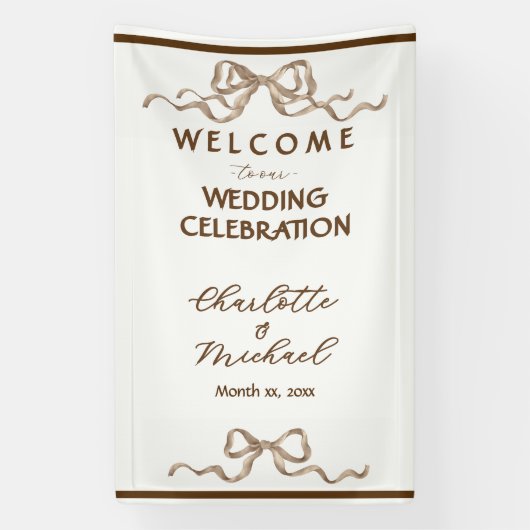 Elegant Ribbon & Bow Warm Brown Romantic Wedding Banner (Vertikal)