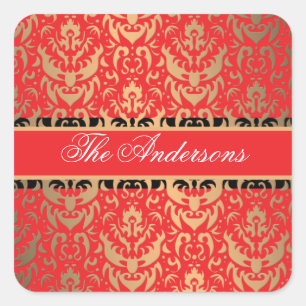 Elegant Rich Red Damask Schimmerender Glamour Quadratischer Aufkleber