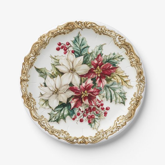 Elegant Rococo Floral Poinsettia Holiday Dining Pappteller (Vorderseite)