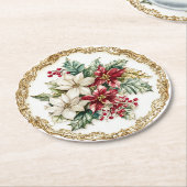 Elegant Rococo Floral Poinsettia Holiday Dining Runder Pappuntersetzer (Angewinkelt)