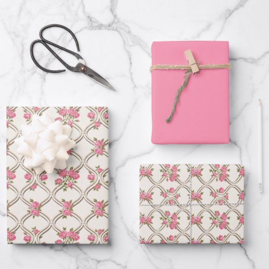 Elegant Rococo Revival Pink Floral & Beige Lattice Geschenkpapier Set (Vorderseite)