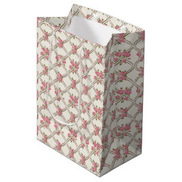 Elegant Rococo Revival Pink Floral & Beige Lattice Mittlere Geschenktüte