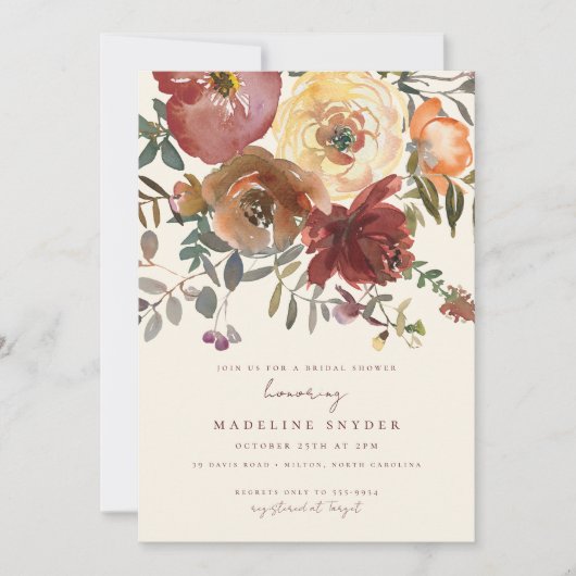 Elegant Romantic Fall Floral Red Bridal Shower Einladung (Vorderseite)