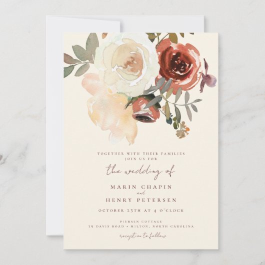 Elegant Romantic Fall Floral Red Wedding Einladung (Vorderseite)