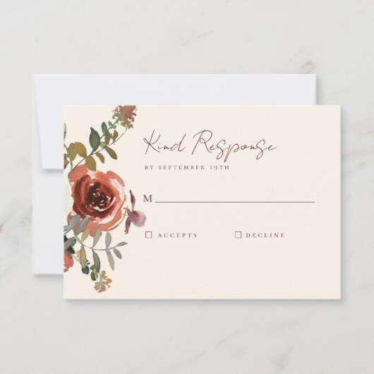 Elegant Romantic Fall Floral Red Wedding RSVP Karte (Vorderseite)