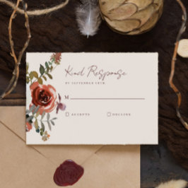 Elegant Romantic Fall Floral Red Wedding RSVP Karte