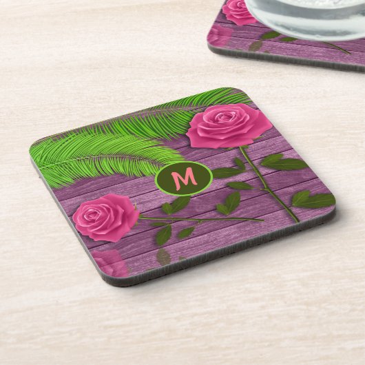 Elegant & Romantic Monogram Pink Roses Wood BG Getränkeuntersetzer (Linke Seite)