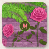 Elegant & Romantic Monogram Pink Roses Wood BG Getränkeuntersetzer (Vorderseite)