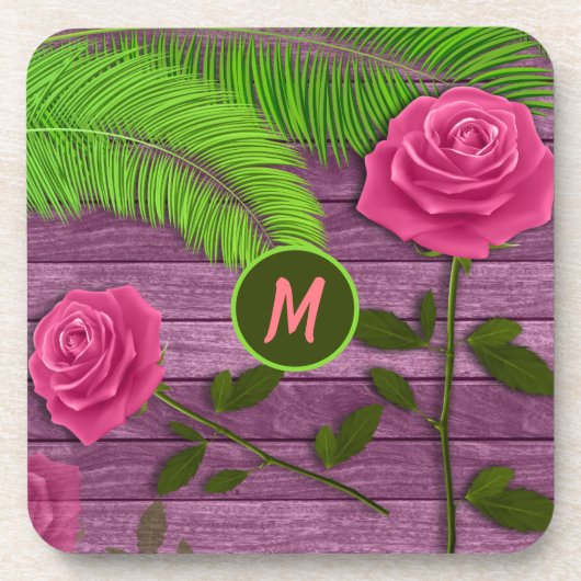 Elegant & Romantic Monogram Pink Roses Wood BG Getränkeuntersetzer (Vorderseite)