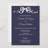 Elegant Romantic Navy Ribbon & Bow Wedding Einladung (Vorderseite)