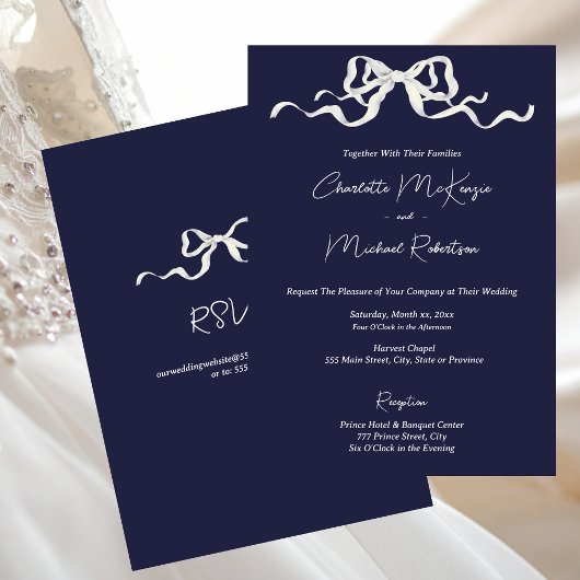 Elegant Romantic Navy Ribbon & Bow Wedding Einladung