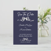 Elegant Romantic Navy Ribbon Wedding Save The Date (Stehend Vorderseite)