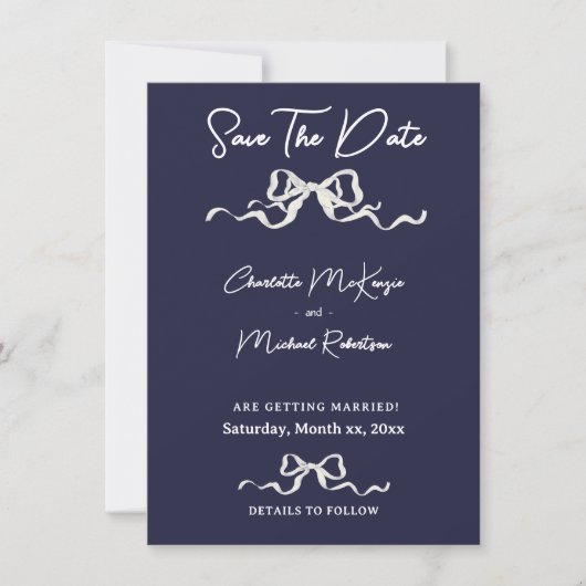Elegant Romantic Wedding Navy & White Ribbon & Bow Save The Date (Vorderseite)