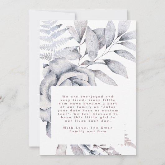 elegant | Romantische Blume | Watercolor Girl Baby Ankündigung (Rückseite)