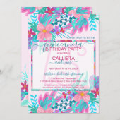 Elegant rosa Aquamarin gestrichene Blume Leaf Quin Einladung (Vorne/Hinten)