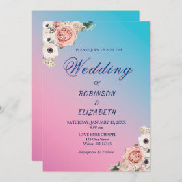 Elegant Rosa Blaue Wasserfarbenflora Hochzeit nach Einladung