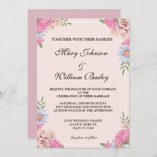 Elegant Rosa Blauer Blumenzwiebelblumen Einladung (Vorne/Hinten)