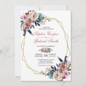 Elegant Rosa Blauer Flor | Gold Frame Wedding Einladung (Vorderseite)