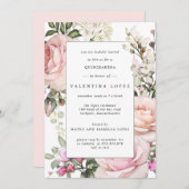 Elegant Rosa Blumenbraun Quinceanera Einladung (Vorne/Hinten)