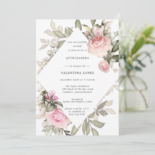 Elegant Rosa Blumenbraun Quinceanera Einladung (Stehend Vorderseite)