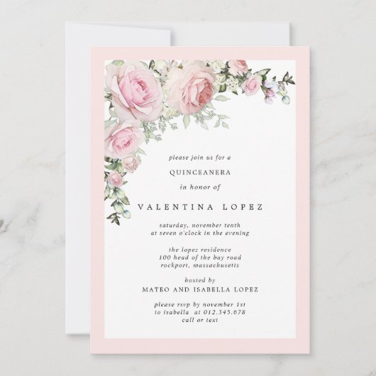 Elegant Rosa Blumenbraun Quinceanera Einladung (Vorderseite)