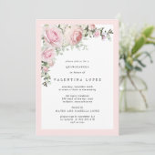 Elegant Rosa Blumenbraun Quinceanera Einladung (Stehend Vorderseite)