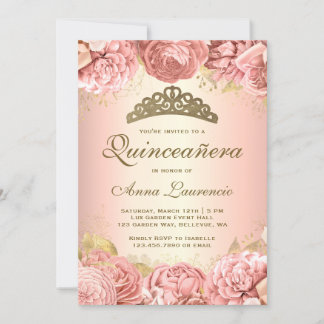 Elegant Rosa Blumenbraun Quinceanera Einladung