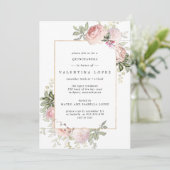 Elegant Rosa Blumenbraun Quinceanera Einladung (Stehend Vorderseite)