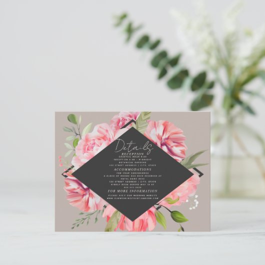 Elegant rosa Blumengrau Rezeption Details Begleitkarte (Stehend Vorderseite)