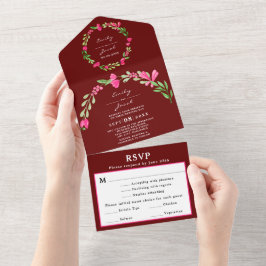Elegant Rosa Blumengrün Dark Red Wedding RSVP All In One Einladung