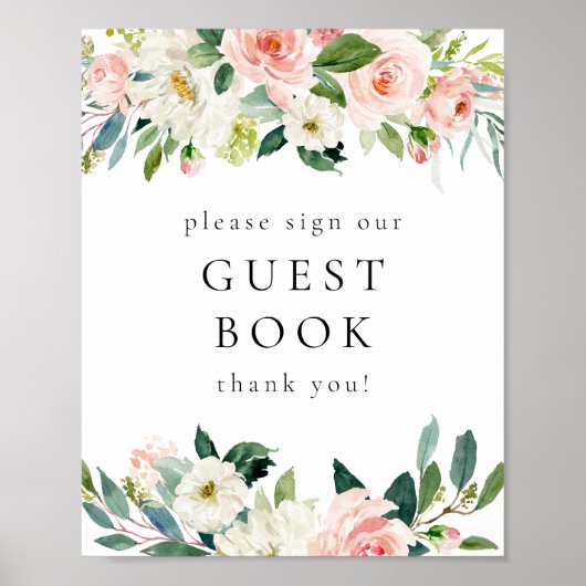 Elegant Rosa Blumengrün Gastbuch-Zeichen Poster (Vorne)