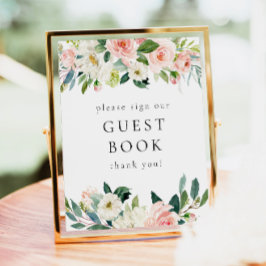 Elegant Rosa Blumengrün Gastbuch-Zeichen Poster