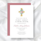 Elegant Rosa Blumenkreuz Erste Heilige Kommune Einladung