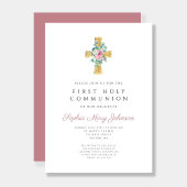 Elegant Rosa Blumenkreuz Erste Heilige Kommune Einladung