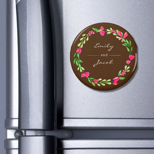 Elegant Rosa Blumenreath Braun Name des Paares Magnet