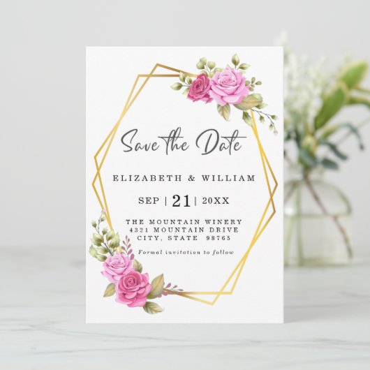 Elegant Rosa Blush Bloral Gold Geometric Save The Date (Stehend Vorderseite)