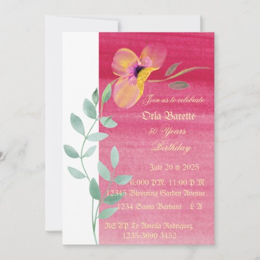 Elegant rosa Blüte 50. Geburtstag Einladung (Vorderseite)