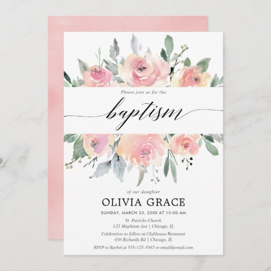 Elegant rosa Blütenwasserfarbe Taufe Einladung (Vorne/Hinten)
