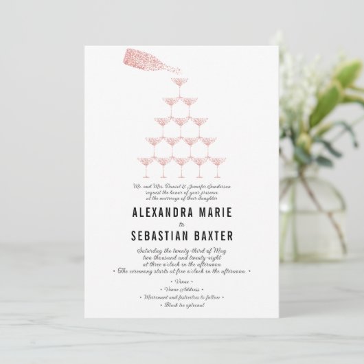 Elegant Rosa Champagne Tower Script Wedding Einladung (Stehend Vorderseite)