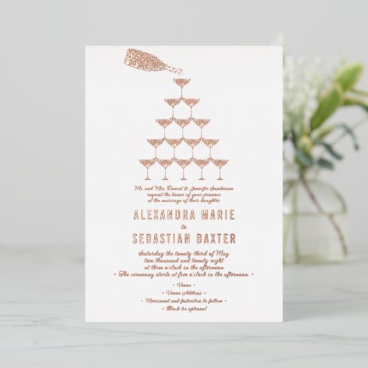 Elegant Rosa Champagne Tower Script Wedding Folieneinladung (Stehend vorne)