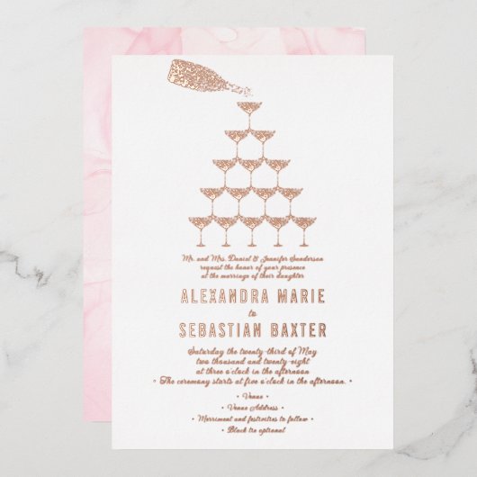 Elegant Rosa Champagne Tower Script Wedding Folieneinladung (Vorderseite/Rückseite)
