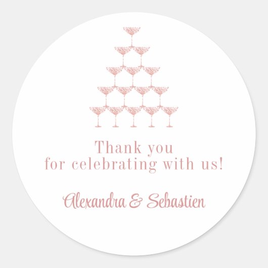 Elegant Rosa Champagne Tower Script Wedding Runder Aufkleber (Vorderseite)