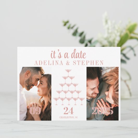 Elegant Rosa Champagne Tower Script Wedding Save The Date (Stehend Vorderseite)