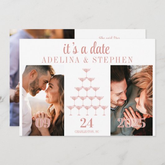 Elegant Rosa Champagne Tower Script Wedding Save The Date (Vorne/Hinten)